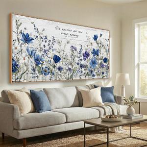 Tucai Decor Blue Floral Canvas Wall Art with Inspirational Quote, Farmhouse Style Living Room Bedroom Kitchen Wall Decor Large Format Framed Print Artwork Home Decoration, 48"L x 24"W