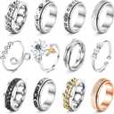 FASACCO 12Pcs Fidget Anxiety Rings for Women Men - Spinner Fidget Rings for Anxiety Relieving Stress Flower Moon Star Stainless Steel Rings Adjustable Size 9