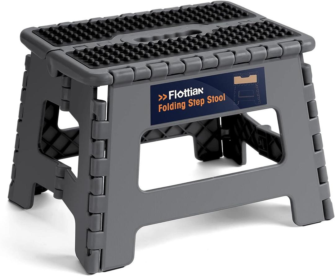 Flottian 9" Folding Step Stool for Adults and Kids Holds Up to 300 lbs,Non-Slip Folding Stools with Portable Handle, Compact Plastic Foldable Step Stool for Bathroom,Bedroom, Kitchen Gray