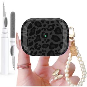 For Cute Glitter Airpods 4 Case 2024 with Cleaner Pen, Shell Pattern Apple Airpods iPod 4th Generation Case Cover Protective Skin Girl Women with Luxury Pearl Keychain, Black/Grey Leopard