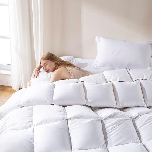 DOWNCOOL Oversized King Feather Down Fiber Comforter, 100% Cotton Cover Ultra Soft Fluffy Duvet Insert, All Season Luxurious Hotel Bedding Comforters with Corner Tabs, White 116"x98"