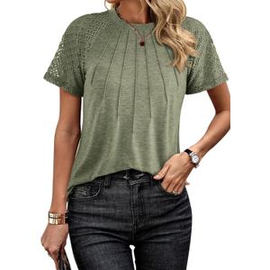 KIRUNDO Short Sleeve Shirts for Women 2025 Spring Summer Crewneck Sexy Lace Patchwork Business Casual Going Out Tops Knitted Blouses Trendy Clothes(X-Large, Army Green)