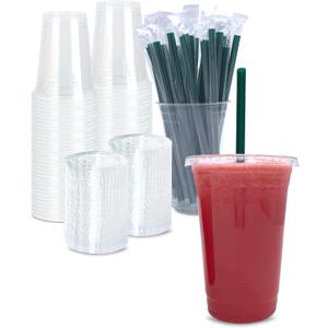 20 oz Clear Plastic Cups with Lids and STRAWS, Disposable Drinking Cups for Cold Drinks, Iced Coffee, Milkshakes, Smoothies, 25 Sets