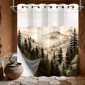 Dark Brown Forest Hookless Shower Curtain with Snap in Liner, Bronze Brown Mountain No Hook Double Layer Shower Curtain and Liner Set, Ring less with Window Waterproof Cloth Fabric, 71" W x 74" L