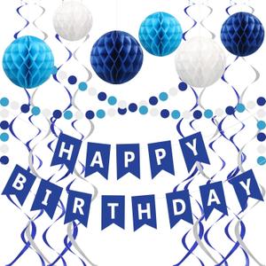 Blue Birthday Decorations - Navy Blue Happy Birthday Banner with 6 Honeycomb Balls, 6 Metallic Hanging Swirls and Circle Dot Garland Decroations for Men Boys Birthday Party Decorations