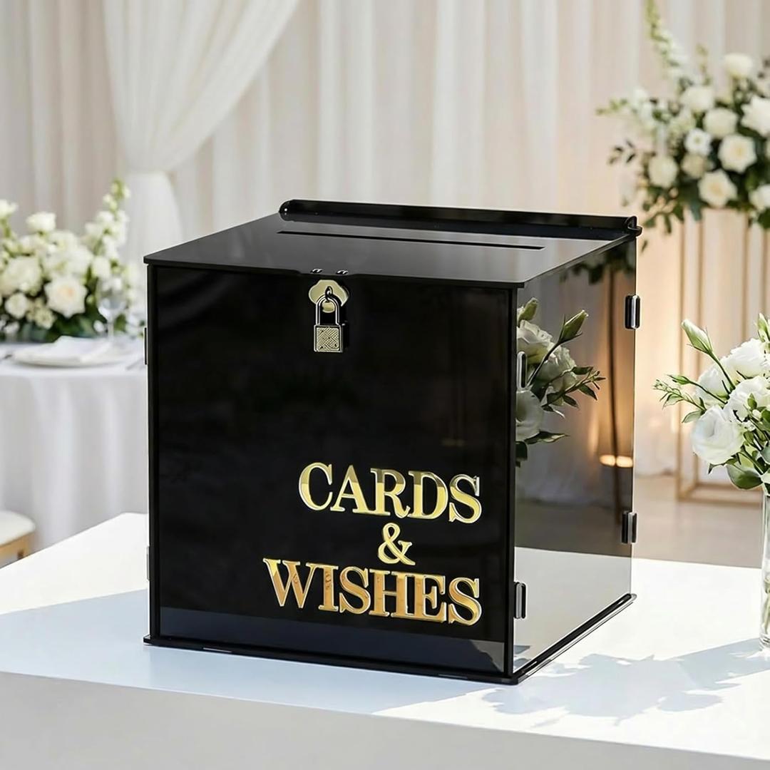 OurWarm Acrylic Wedding Card Box with Lock, Black Card Box for Wedding with Cards & Wishes Lettering, Large Envelope Money Gift Card Box for Party Graduation Birthday Baby Shower Wedding Decor