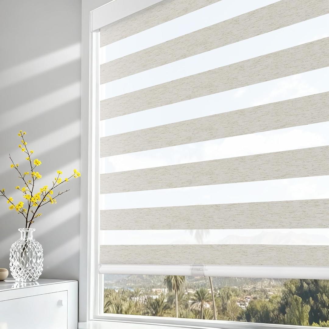AOSKY Cordless Zebra Blinds for Windows Pull Down Roller Window Shades Dual Layer Light Filtering Privacy for Day and Night, Free-Stop Door Shades for Home Easy to Install Linen Cream 37" W X 72" H