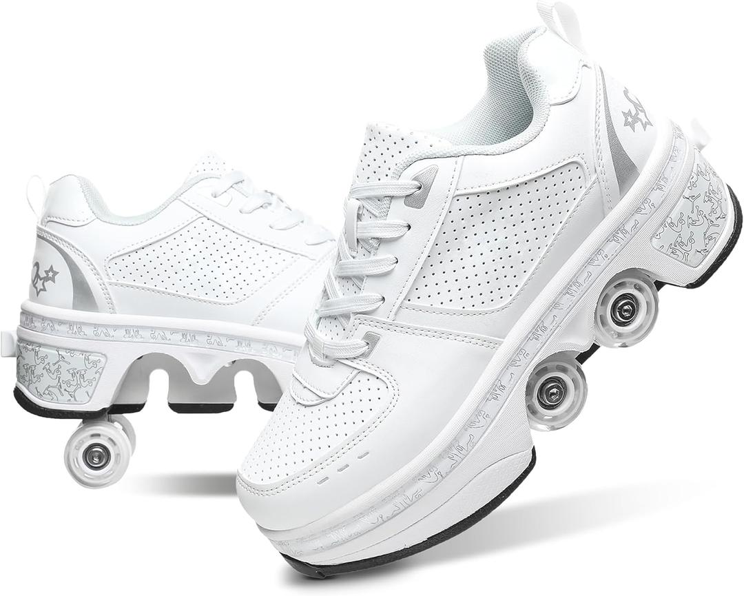 Roller Skate Shoes for Girls, Boys, 2-in-1 Skating Shoes for Man, Women, Retractable Roller Shoes for Kids, Deformation Shoes with Wheels, White (3.5US)