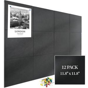 Large Cork Board for Wall 12 Pack, Bulletin Board 48" X 36", Felt Board Wall Tiles with 72 Damage-Free Removable Pads & Push Pins, Alternative Pin Board Cork Board for Office Home, Black