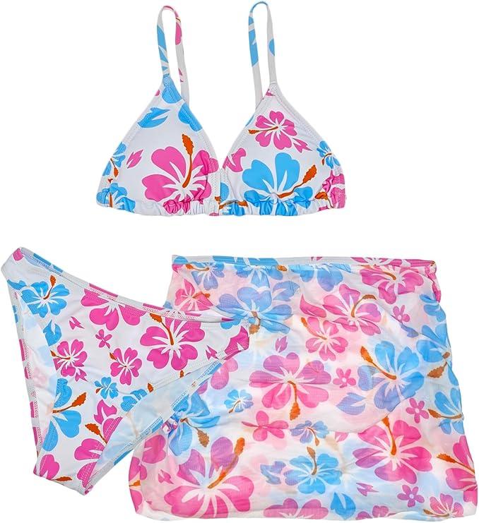 COOLOYA Girl's 3 Piece Set Floral Print Bikini Bathing Swimsuit with Beach Skirt 11-12Y