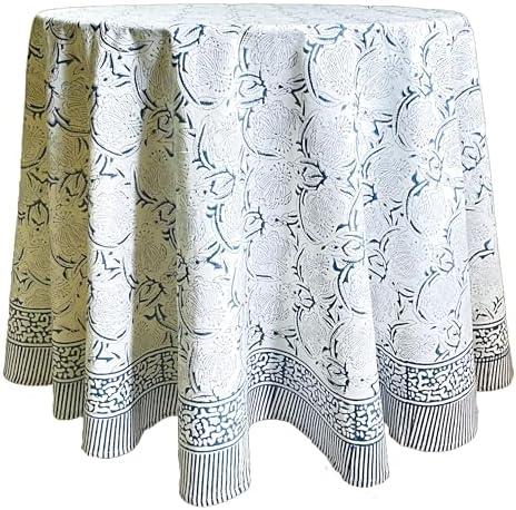 ATOSII Santorini 100% Cotton Round Boho Fall Tablecloth, Handblock Floral Table Cloth Linen for Kitchen Dining I Parties Wedding Outdoors Christmas Thanksgiving I 90" Inches Round I 6 Seater