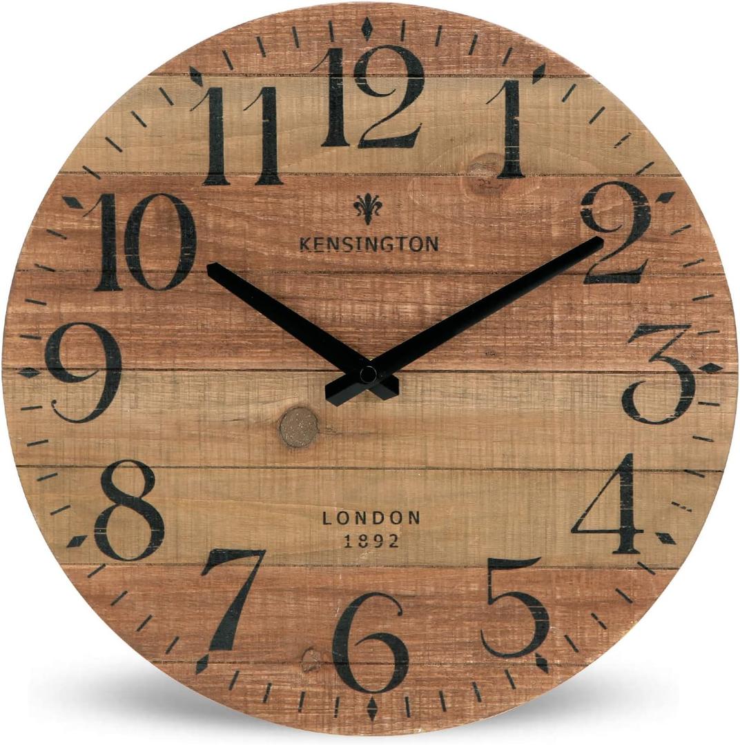 NIKKY HOME Rustic Farmhouse Wood Wall Clock - 12 Inch Battery Operated Silent Non Ticking Distressed Wooden Shiplap Clock for Kitchen, Living Room, Bedroom, Bathroom (Natural Wood)