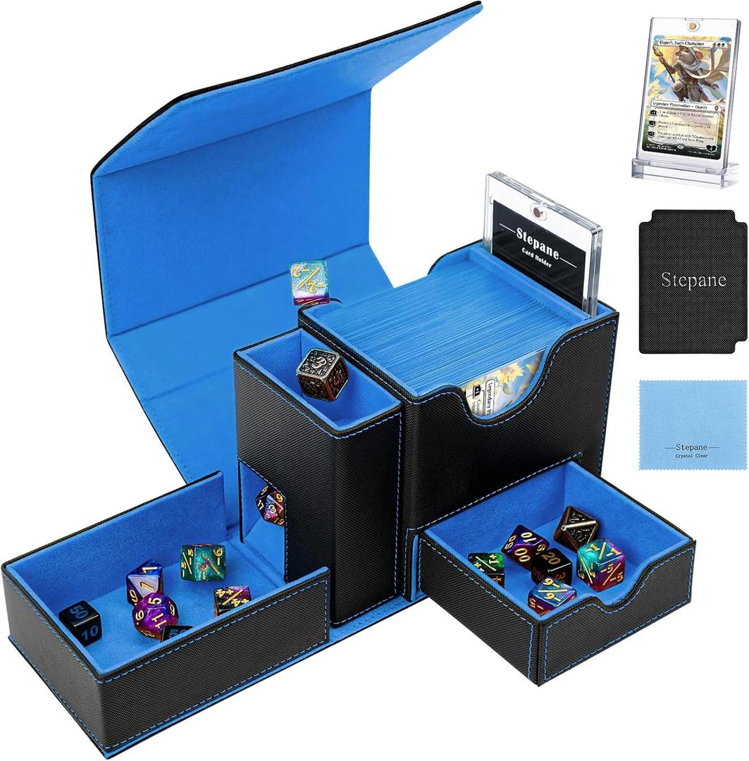 MTG Deck Box for Commander Display with Dice Tower, Fits 100 Double-Sleeved Cards for TCG/PTCG, Multifunctional Card Storage Box, with a 35PT Magnetic Card Holder (Black Blue)