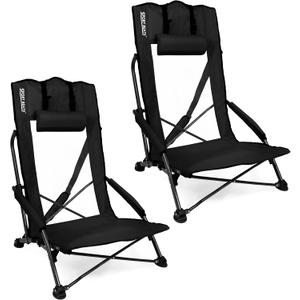 SPORT BEATS Low Beach Chairs Set of 2 Folding Beach Chairs High Back Support with Head Pillows Shoulder Straps (Black)