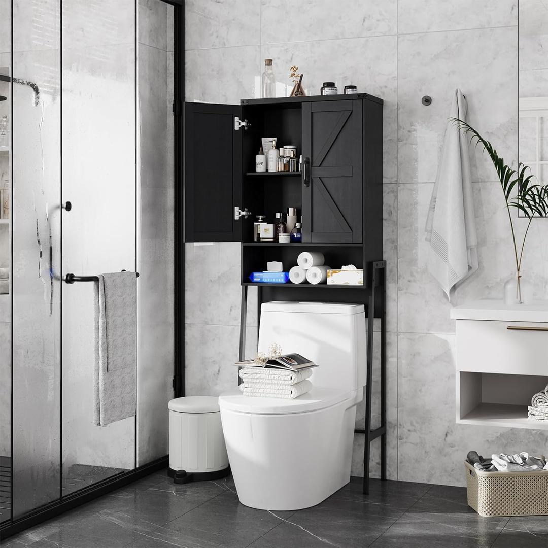 Over The Toilet Storage Cabinet with 2-Door Design Bathroom Organizers and Storage with Anti-Tip Device Over Toilet Organizer with Shelves for Bathroom, Restroom, Laundry Black
