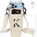 Water Bottle Carrier with Strap for Stanley 40 oz Tumbler,Personalized Initial ID Name Stanley Bag with Phone Pocket, Adjustable Strap, Stanley Cup Accessories (Cream)
