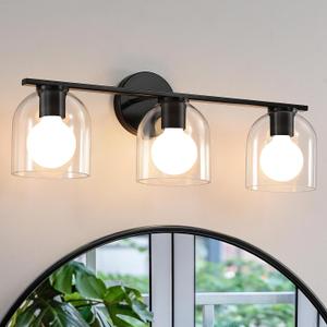 WOSHITU Bathroom Vanity Light Fixtures: 23.3 Inch Modern Matte Black Bathroom Lighting Fixtures Over Mirror with Clear Glass Shade, 3 Light Vanity Lighting Fixtures Wall Lights Over Mirror