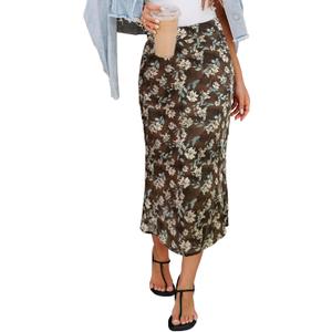 HERBATOMIA Women’s Floral Print Midi Skirt Casual High Elastic Waist Zipper Vintage Long Boho Skirts for Women Small