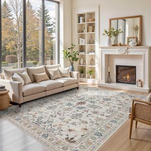 Floral Rug for Living Room Bedroom, 6x9 Washable Rug, Vintage Boho Area Rug, Large Non Slip Low Pile Wool Carpet for Indoor Dining Room,Girls Room,Nursery Room and Kids Room(Grey 6x9ft)