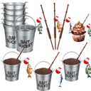 Soulchen 18 Pcs Mini Fishing Birthday Party Decorations Includs 6 Fish Cupcake Pole Picks 6 Mini Tackle Bait Basket 6 Bobber for Gone Fishing Theme Supplies Ocean Party Cake Decor