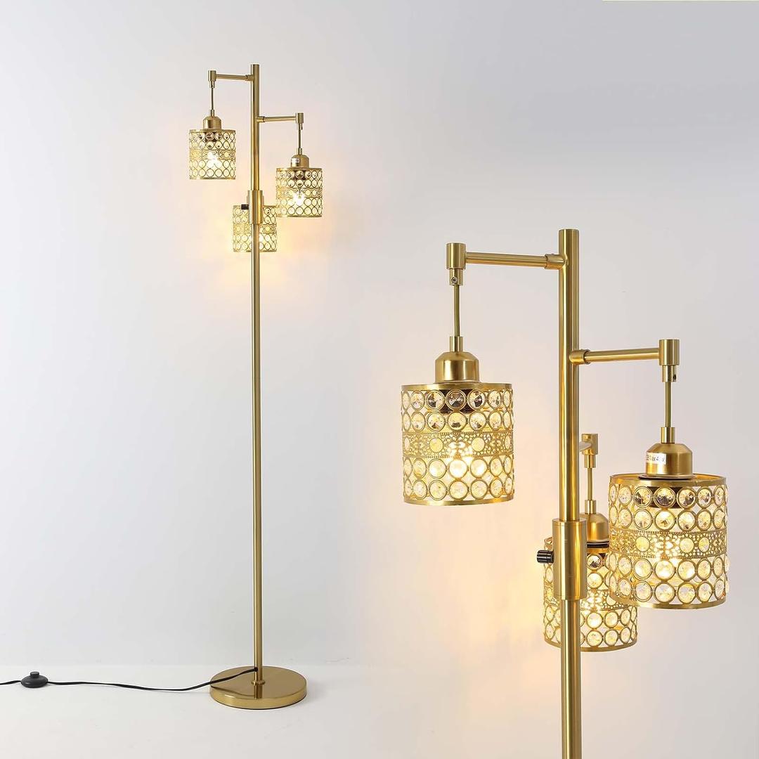 ShuideHua Industrial Floor Lamp,Dimmable Floor Lamp,Gold Tree Lamp Standing Lamp Tall Pole Lamps with 3 Elegant Crystal lampshades for Living Room Bedroom Office, Indoor