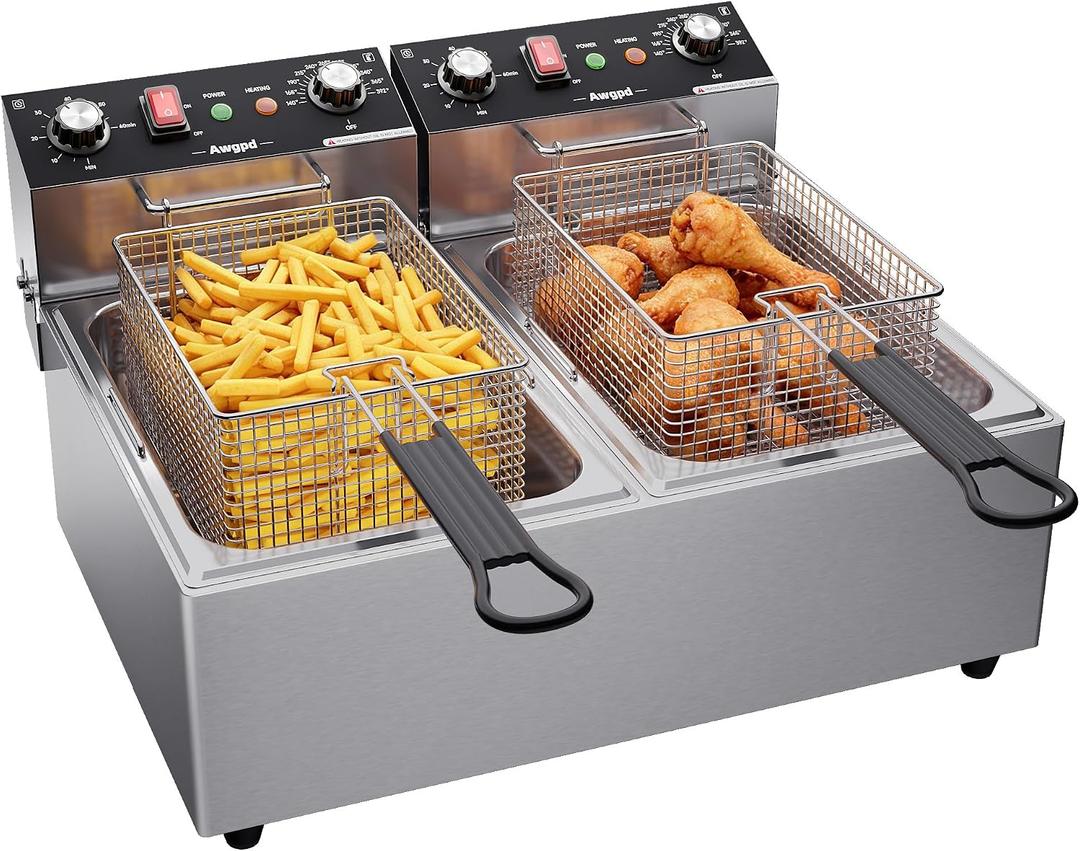 Commercial Deep Fryer, Dual Tank 3000W Electric Countertop Fryer with Basket, 10L Double Stainless Steel Oil Fryer,T60 Minute Timer for Home Kitchen and Restaurant(20L)
