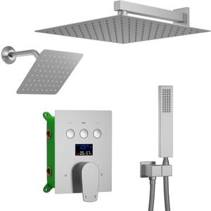Dual Rain Head Shower System Brushed Nickel Shower Faucet Set with Wall Mount 12 & 8 inch Two Full Body Shower Heads, Handheld Spray, 3 Function Water Temperature Display Shower Fixtures