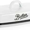 Enamel Butter Dish with Lid, Vintage Enamelware White Butter Tray Black Rim Butters Holder, Unbreakable Metal Butters Keeper Container with Cover for Countertop, Refrigerator