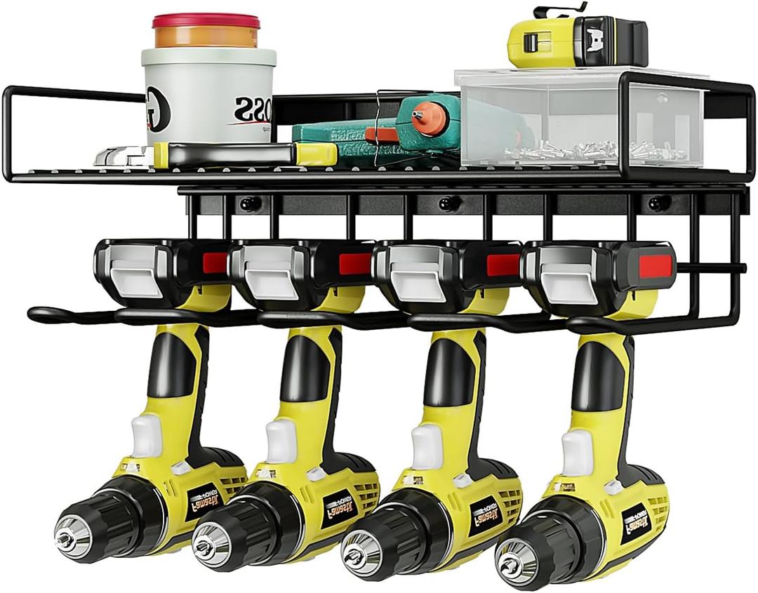 AZERPIAN Tool Organizer Heavy Duty Power Wall Mount for Drill and Cordless Tools Heavy Duty Rack for Garage Organization Workshop Pegboard (1 Layers 4 Slots) (Black)