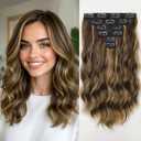 KooKaStyle Short Hair Extensions 6PCS 14 Inch Wavy Curly Hairpieces Synthetic Soft Lace Weft Clip in Hair Extensions-Balayage Chocolate Brown to Caramel Blonde for Women
