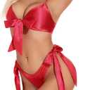 RSLOVE Women Sexy Lingerie Set Satin Bow Tie 2 Piece Bra and Panty Sets (Red, L)