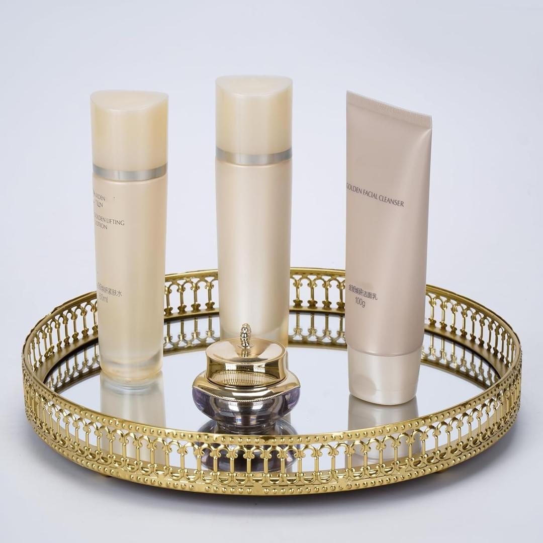 Gold Mirrored Vanity Tray for Bathroom Counter, Metal Decorative Jewelry Storage Tray Cosmetic Perfume Organizer for Dresser, Bedroom, Home Decor, Suit for Candle Holder, Coffee Table Centerpiece, L (9.8")