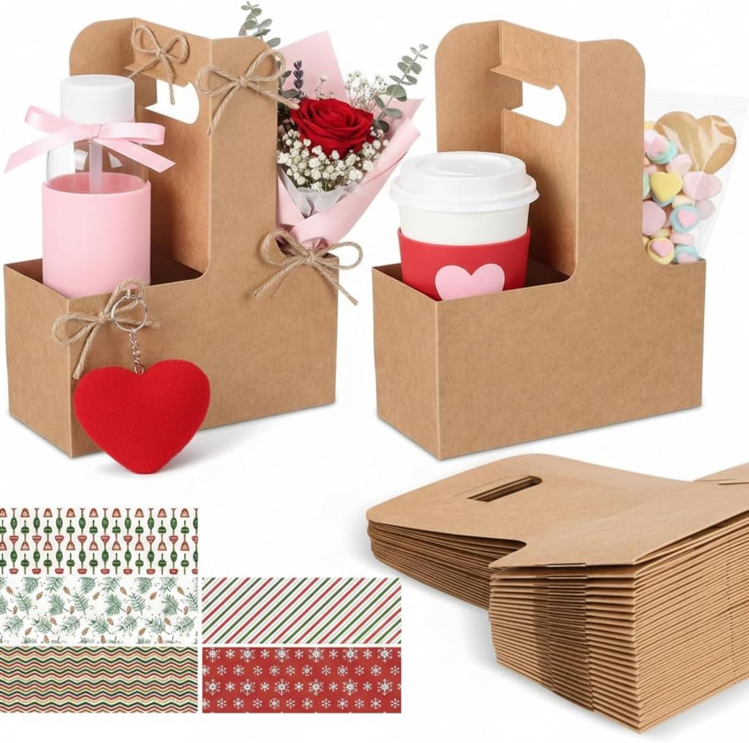 50 Set Holiday 2 Cup Drink Carrier with Handle Red Green Disposable Cardboard Coffee Cup Holder Bulk Snowflake Portable Foldable Beverage Paper Tray for Valentine Day Delivery Party Supply