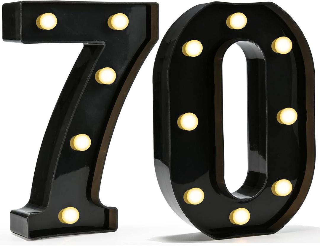 Pooqla Light Up Numbers, Lighted Marquee Number Sign for 70th Birthday Party Decor, Battery Powered LED Number Lights for 70 Party Decor, Lights Sign for Wall Home Anniversary, Decoration 70 (Black)