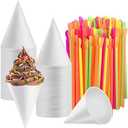 Disposable Snow Cone Cups, WXJ13 100 Piece 6 Ounce Shaved Ice Cups with 100 Piece Spoon Straws for Home Company Party
