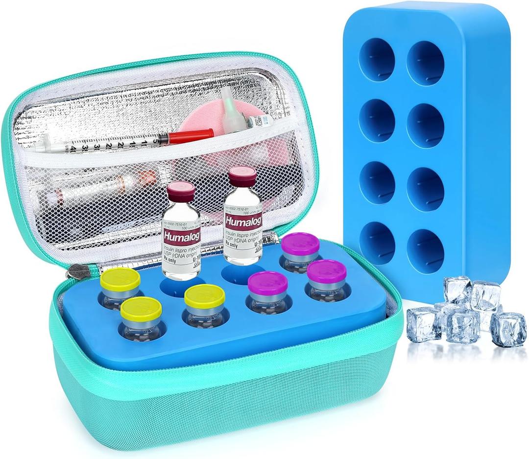 YOUSHARES Insulin Vial Cooler Travel Case  8 Slots Freezable Ice Brick Organizer for Peptide Vials, GLP1 Fridge Holder Diabetic Small Bottle Refrigerator for 10ml U100 Vials