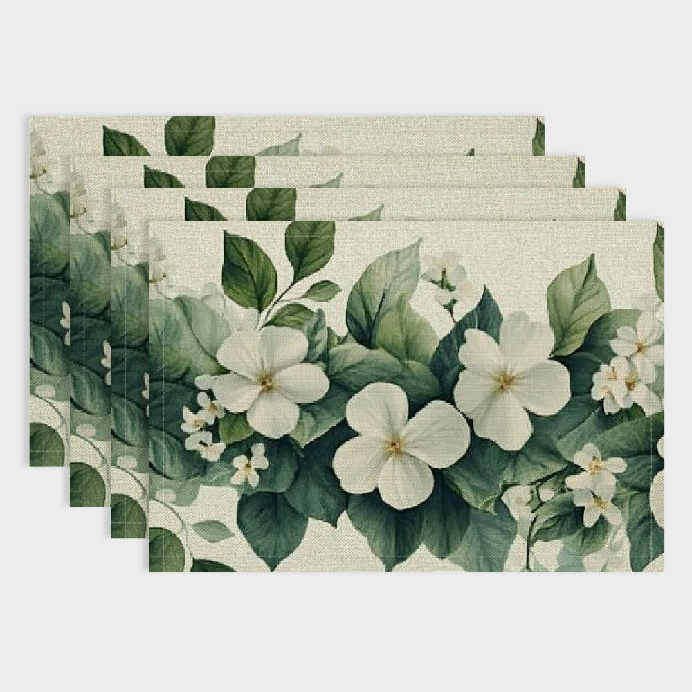 Set of 4 Flowers Leaves White Linen Cloth Placemat for Dining, Kitchen, Restaurants, Hotels - Heat Resistant and Stylish Home Decor 18x12in