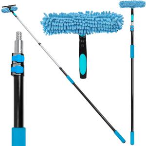 20 Feet High Reach Window Squeegee with 5-12Ft Extension Pole, 2 in 1 Rotatable Window Cleaning kit for High Window, Solar Panel Outdoor Window Washing Equipment