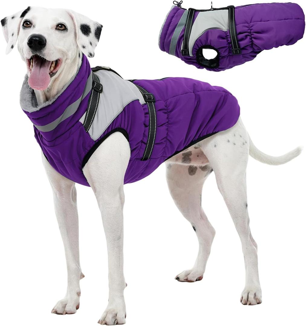 Kuoser Dog Coat, 2 in 1 Dog Jacket with Harness Built in, Winter Waterproof Puppy Puffer Jacket Snowsuit for Dogs, Cold Weather Reflective Pet Fleece Vest with Zipper Large