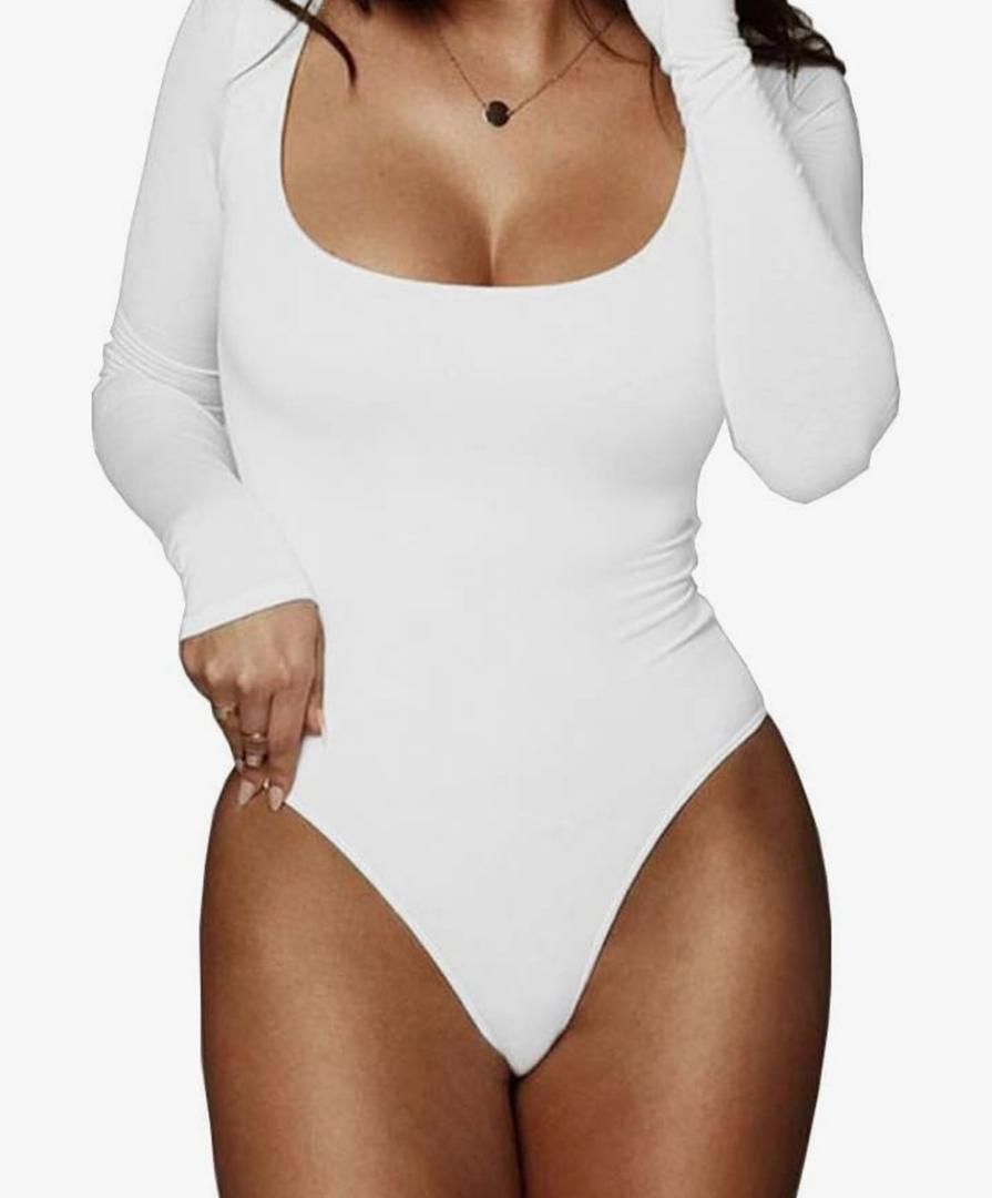 Women's Square Neck Long Sleeve T-shirt Basic Bodysuit Jumpsuits S