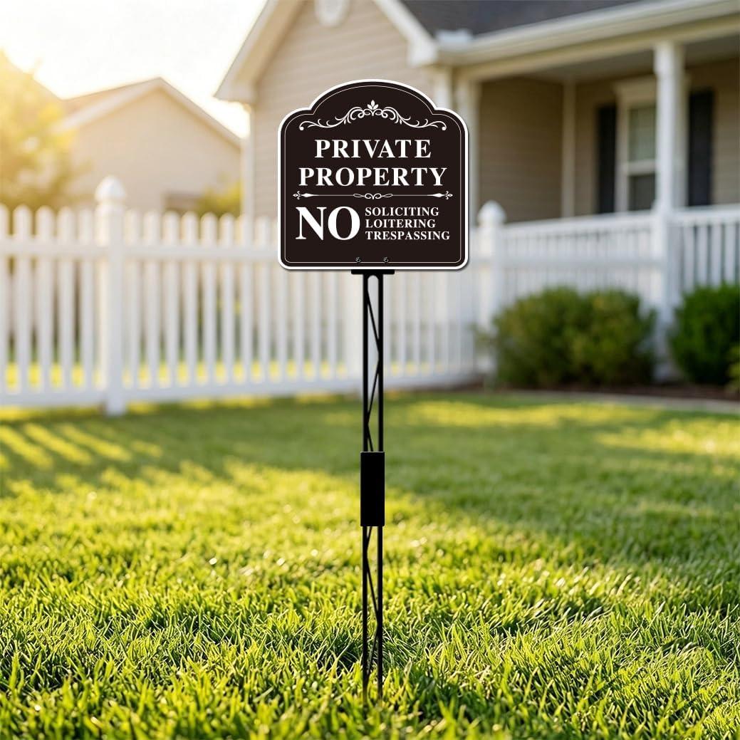 Private Property No Trespassing Sign with Stake, 12x12 inch/40.7 inch High, No Soliciting Sign for House, Weatherproof & Fade-Resistant, Easy to Install for Home, Front Door, Business