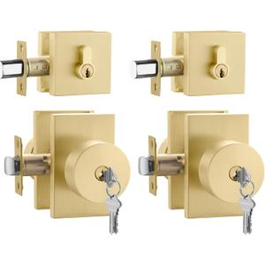 Goldenwarm Gold Exterior Door Lock Set, Square Contemporary Brushed Gold Door Knobs and Deadbolt Set, Heavy Duty Brass Door Locks for Front Door (2 Pack)