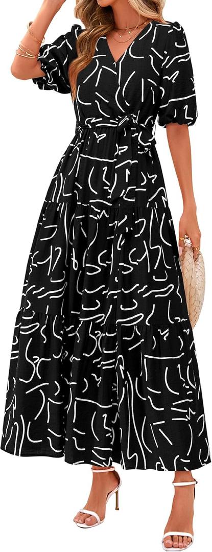 PRETTYGARDEN Women's Summer Maxi Dress 2025 Resort Wear Boho Floral V Neck Puff Short Sleeve Ruffle Flowy Beach Long Dresses, XL