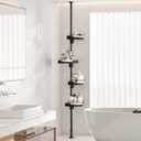 Coner Shower Caddy Tension Pole with 4 Lazy Susan Bathroom Corner Organizer 360° Rotating 35-128 Inch No Drilling Floor Standing Shelves Adjustable Shower Rack for Bathroom (Black)