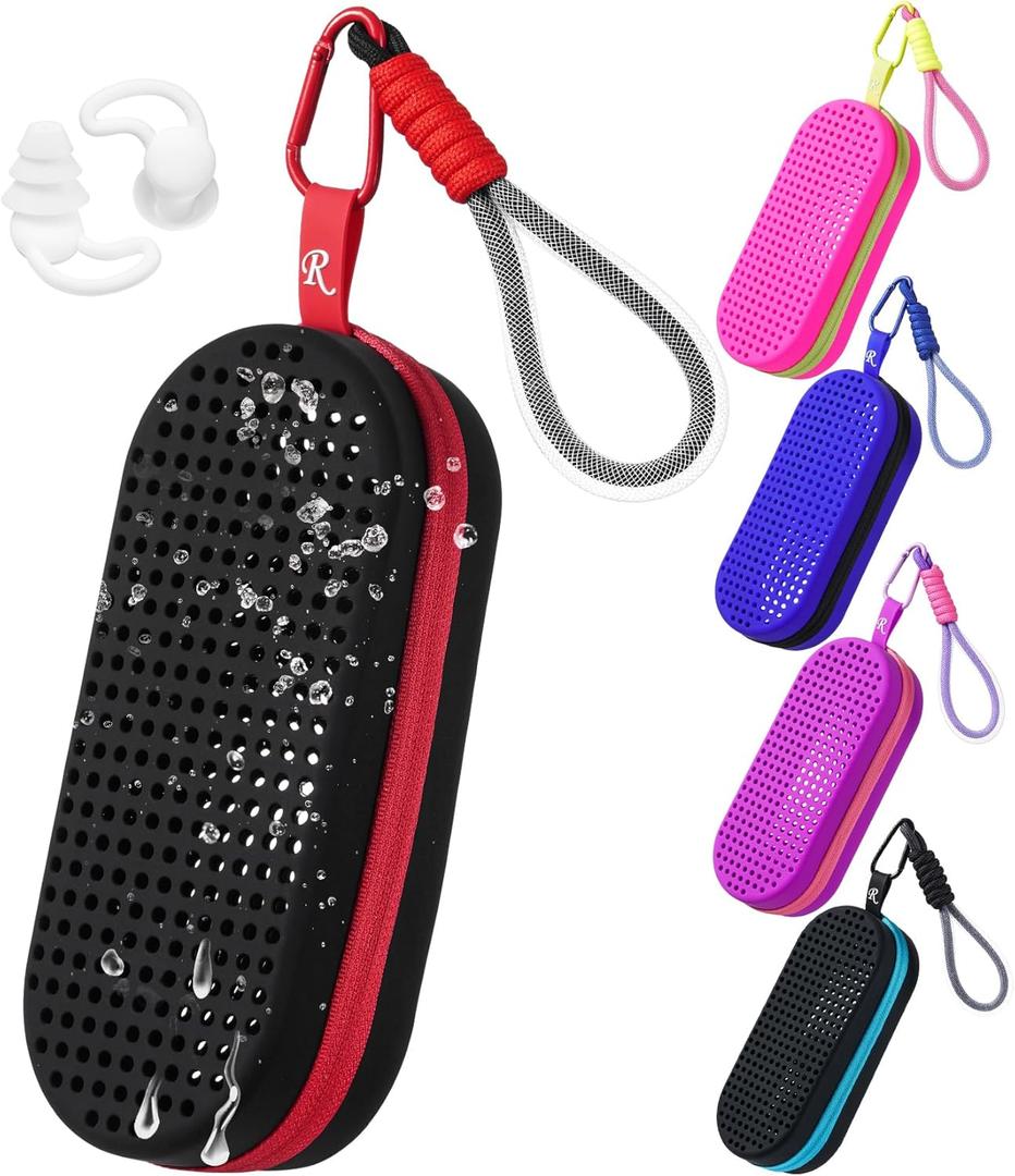 Swim Goggle Case For Swimming Goggles, Christmas Gifts for Swimmer, Protective Cases for Goggles with Clip (Black-red)