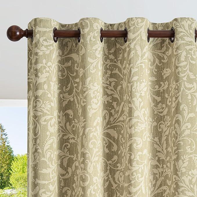 Jinchan Blackout Curtains for Bedroom, Green Scroll Floral Patterned Curtains 84 Inch Length for Living Room, Farmhouse Vintage Art Deco Drapes, Thermal Insulated Window Curtains Grommet 2 Panels