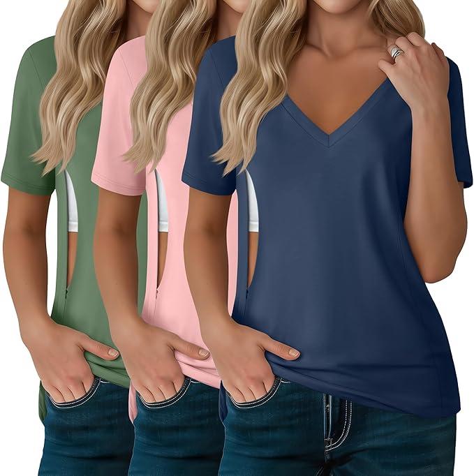3 Pack Women's Nursing Tops, Hidden Zipper Nursing Shirts for Breastfeeding & Pumping V Neck Short Sleeve, Apple Green, Light Pink, Haze Blue, S