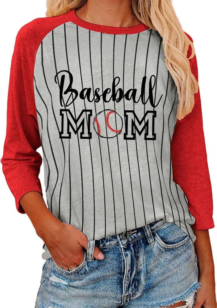 Womens 3/4 Sleeve Striped Baseball Shirt for Mama Crewneck Patchwork Raglan Baseball Mom Tops Red L (Gray, L)