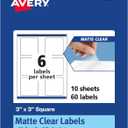 Avery Matte Clear Square Labels, Sure Feed Technology, 3" x 3", 60 Matte Clear Labels, Print-to-The-Edge, Laser/Inkjet Printable