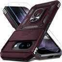 Janmitta Case Compatible with Google Pixel 9A Built in Slide Camera Lens Cover+Screen Protector+Finger Ring Holder Kickstand,Heavy Duty Shockproof Full Body Protective Phone Cover,Wine Red